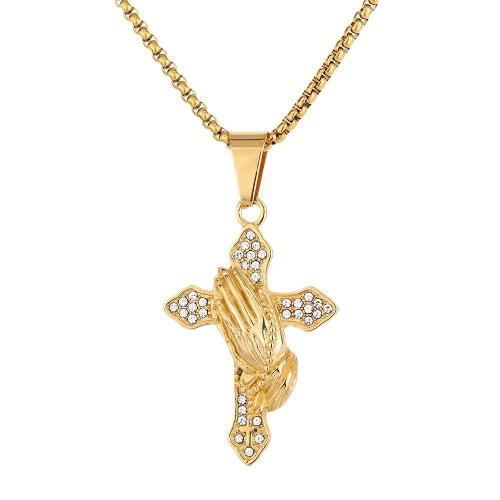 Stainless Steel Cross Pendants 316 Stainless Steel for woman & with rhinestone golden Sold By PC