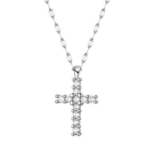 Colar de aço titânio, Partículas de aço, with 5CM extender chain, Cruz, cromado de cor prateada, para mulher & com strass, comprimento 45 cm, vendido por PC