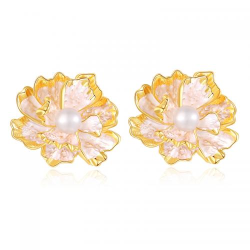 Brass Stud Earring with Plastic Pearl plated for woman golden Sold By Pair