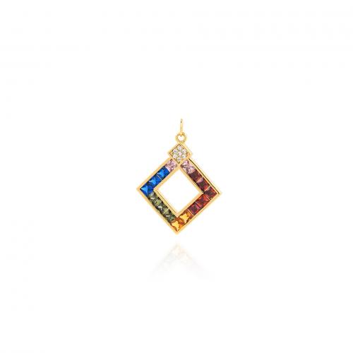 Cubique Pendentif en laiton zircon pavent, Losange, Plaqué or 18K, bijoux de mode & DIY & pavé de micro zircon & creux, couleurs mélangées, protéger l'environnement, sans nickel, plomb et cadmium, 31.50x24x2.30mm, Vendu par PC