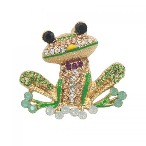 Zinc Alloy Brocher, Frog, guldfarve belagt, emalje & med rhinestone, grøn, nikkel, bly & cadmium fri, 40x36mm, Solgt af PC