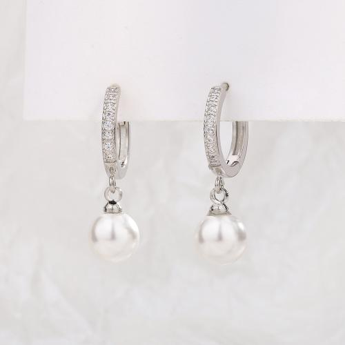 Boucles d'oreilles en laiton zircon cubique pavent, avec Shell Pearl, Placage, pavé de micro zircon & pour femme, plus de couleurs à choisir, 24mm, Vendu par paire