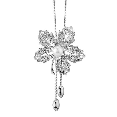 Sinc Alloy Geansaí Necklace, le Crystal & Pearl Plaisteacha, Maple Leaf, dath airgid plated, slabhra nathair & micrea réiteach zirconia ciúbach & do bhean & log, Fad Thart 33.9 Inse, Díolta De réir PC