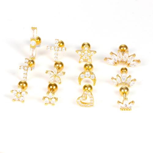 Acier inoxydable 304 piercing oreille, Placage, styles différents pour le choix & pavé de micro zircon & pour femme, 6x0.80mm, Vendu par PC