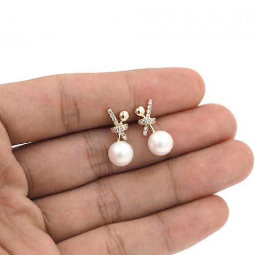 Cubic Zirconia Micro Pave Brass Earring with Plastic Pearl 18K gold plated fashion jewelry & micro pave cubic zirconia & for woman white nickel lead & cadmium free Sold By Pair