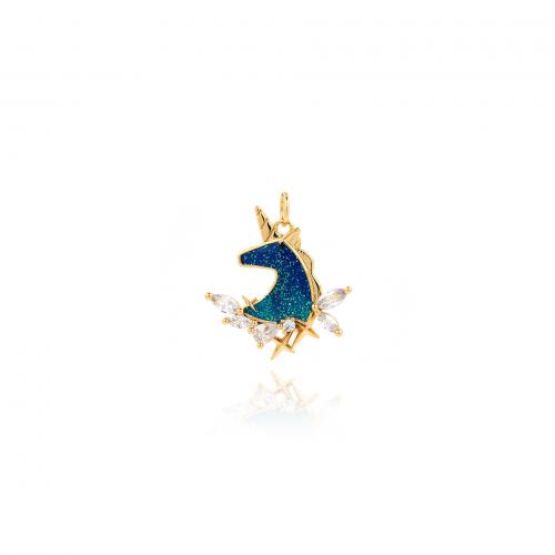 Befestigter Zirkonia Messing Anhänger, Einhorn, 18K vergoldet, Modeschmuck & DIY & Micro pave Zirkonia & Emaille, blau, frei von Nickel, Blei & Kadmium, 24x21x2.50mm, verkauft von PC