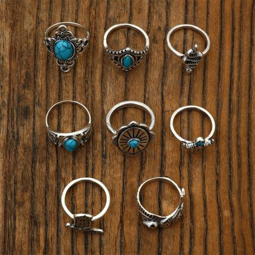 Sinc Alloy Ring Set, le turquoise, Snoite, 8 bpíosa & jewelry faisin & do bhean, dath bunaidh, nicil, luaidhe & caidmiam saor in aisce, Díolta De réir Socraigh