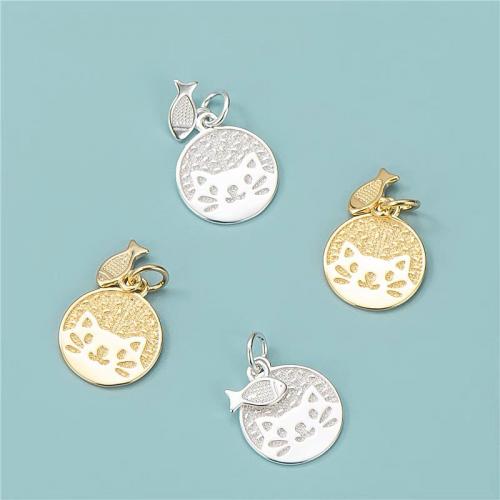 Pendentif en argent Sterling 925, Chat et poissons, Placage, DIY, plus de couleurs à choisir, 12.50x21.50mm, Trou:Environ 3.3mm, Vendu par PC