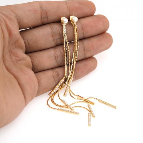 Fashion Fringe Boucles d'oreilles, laiton, avec perle de plastique, glandpompon, Plaqué or 18K, bijoux de mode & pour femme, protéger l'environnement, sans nickel, plomb et cadmium, 130mm, Vendu par paire