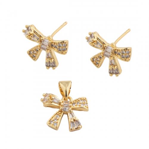 Gioielli Brass Set, ottone, Nodo di Cravatta, gioielli di moda & Micro spianare cubic zirconia & per la donna, dorato, assenza di nichel,piombo&cadmio, pendant 11.5*13.5mm,  stud earring 10.5*14mm, Venduto da PC