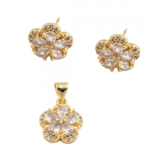 Set de Joyería de Latón, metal, micro arcilla de zirconia cúbica & para mujer, dorado, libre de níquel, plomo & cadmio, pendant 14*12mm,  stud earring 11.5*12mmm, Vendido por UD