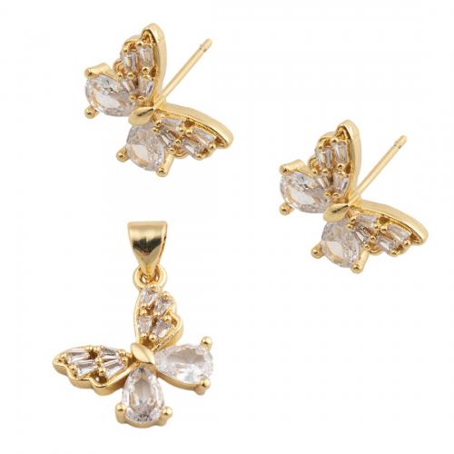 Brass Ensemble de bijoux, laiton, Noeud papillon, bijoux de mode & pavé de micro zircon & pour femme, doré, protéger l'environnement, sans nickel, plomb et cadmium, pendant 17.5*15mm,  stud earring 11.5*13mm, Vendu par PC