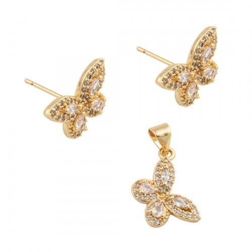 Brass Ensemble de bijoux, laiton, papillon, bijoux de mode & pavé de micro zircon & pour femme, doré, protéger l'environnement, sans nickel, plomb et cadmium, pendant 17*13.5mm,  stud earring 9.5*14.5mm, Vendu par PC