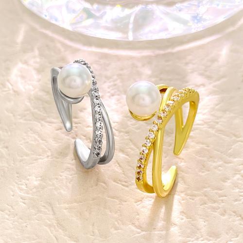 Messing fingerring, med Plastic Pearl, forgyldt, mode smykker & forskellige stilarter for valg & for kvinde & med rhinestone, flere farver til valg, nikkel, bly & cadmium fri, Inside Diameter:1.7cm, Solgt af PC