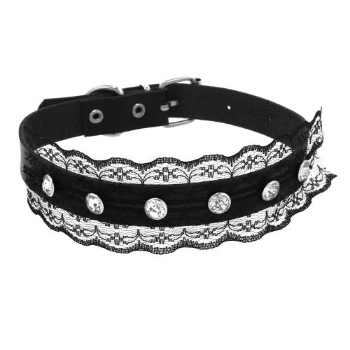 Mode Collier Choker, alliage de zinc, avec lacet & cuir PU, fait à la main, unisexe & pavé de micro zircon, noire, Vendu par PC