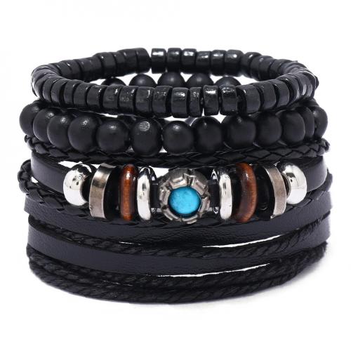 PU Schnur Armbänder, Zinklegierung, mit Türkis & PU Leder, handgemacht, 4 Stück & unisex, schwarz, verkauft von setzen