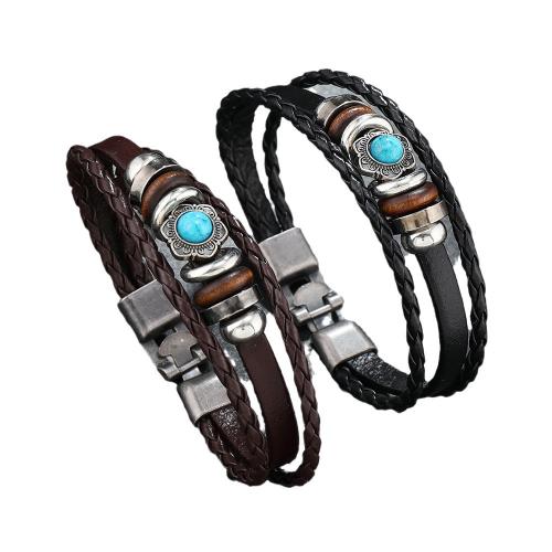 Pulseras de Cordón de PU, aleación de zinc, con turquesa & Cuero de PU & Piedras preciosas, hecho a mano, unisexo & diferentes estilos para la opción, más colores para la opción, longitud aproximado 21 cm, Vendido por UD