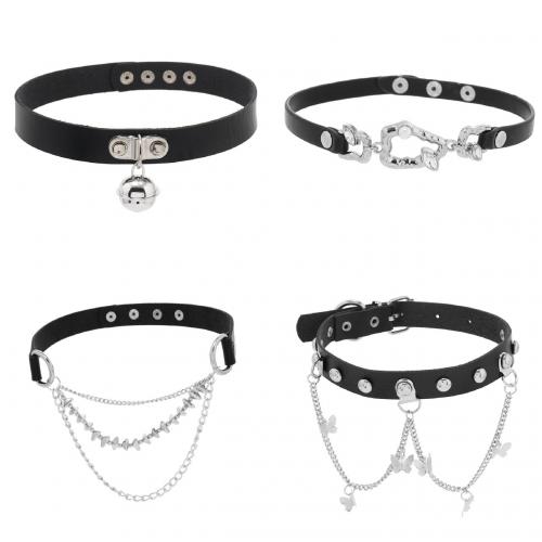 Mode Collier Choker, alliage de zinc, avec cuir PU & perle de plastique, fait à la main, styles différents pour le choix & pavé de micro zircon & pour femme, noire, Vendu par PC