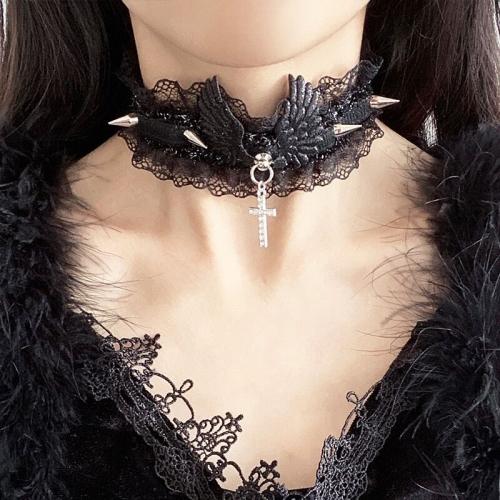 Collar Necklace Lace with PU Leather & Zinc Alloy fashion jewelry & for woman & with rhinestone Length Approx 41-50 cm Sold By PC