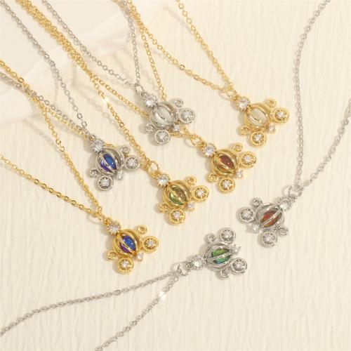 Collier en laiton, avec zircon cubique & cristal, avec 5CM chaînes de rallonge, Chariot de citrouille, Placage de couleur d'or, bijoux de mode & pour femme, plus de couleurs à choisir, protéger l'environnement, sans nickel, plomb et cadmium, 19x16mm, Longueur 40 cm, Vendu par PC