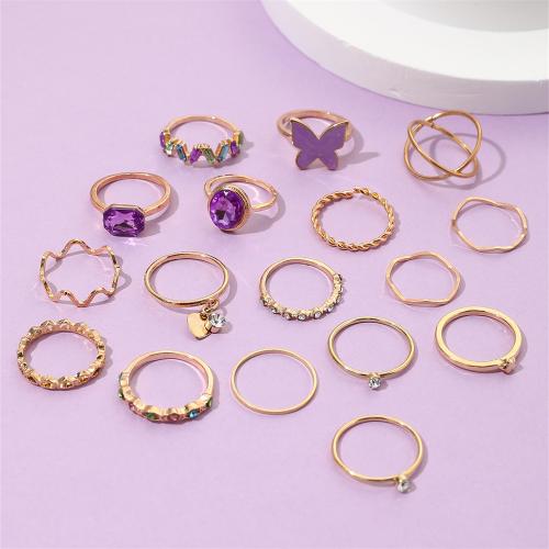 Cink Alloy Ring Set, Cink ötvözet, -val Vas, 17 darab & a nő & zománc & strasszos, arany, nikkel, ólom és kadmium mentes, Által értékesített Set