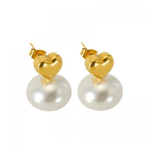 Stainless Steel Stud Earrings 304 Stainless Steel with Plastic Pearl Heart 18K gold plated fashion jewelry & for woman nickel lead & cadmium free Sold By Pair