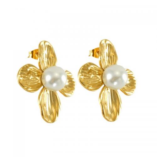 Stainless Steel Stud Earrings 304 Stainless Steel with Plastic Pearl Flower 18K gold plated fashion jewelry & for woman nickel lead & cadmium free Sold By Pair