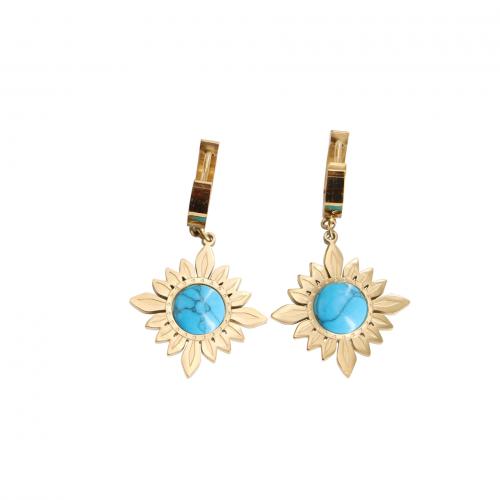 Acier titane Boucles d'oreilles pendantes Hoop Huggie, avec turquoise, fleur, Placage de couleur d'or, Vintage & pour femme, 20x40mm, Vendu par paire