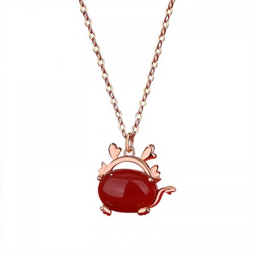 Colliers en argent sterling, argent sterling 925, avec agate rouge, avec 5CM chaînes de rallonge, Placage, pour femme, couleur or rose, Longueur Environ 40 cm, Vendu par PC