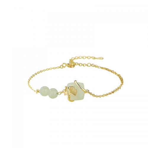 Pulseiras de prata, 925 prata esterlina, with Hetian Jade, with 4CM extender chain, banhado, para mulher, dourado, comprimento Aprox 15.5 cm, vendido por PC