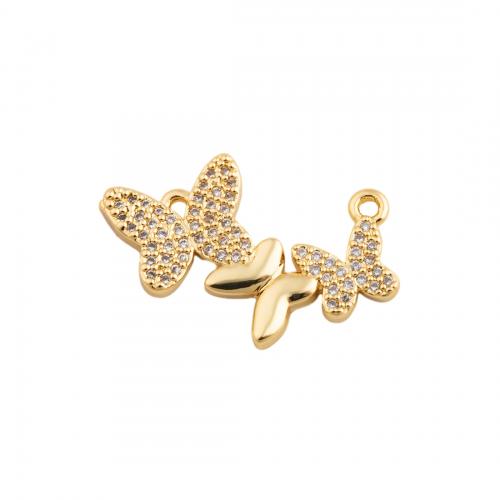 Cubic Zirconia Micro Pave bronze Pingente, cobre, Borboleta, micro pavimento em zircônia cúbica & para mulher & dois furos, dourado, níquel, chumbo e cádmio livre, 15x23mm, vendido por PC