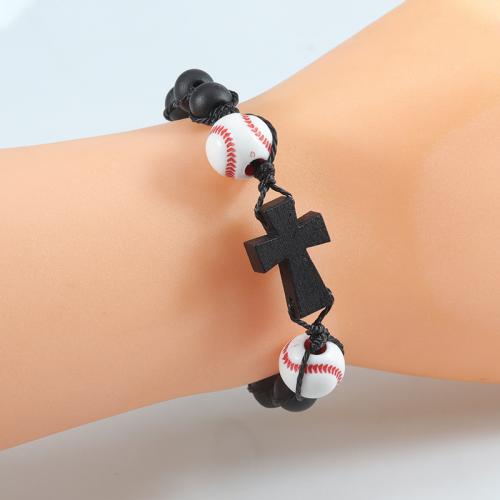 Moda crear pulseras de cordón de cera, con madera, fútbol, hecho a mano, Joyería & unisexo & ajustable, Negro, 14mm, longitud aproximado 17-27 cm, Vendido por UD