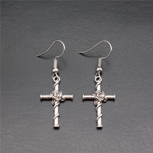 Sinc Alloy Earrings, Cross, plátáilte, jewelry faisin, airgid, nicil, luaidhe & caidmiam saor in aisce, 15x26mm, Díolta De réir Péire