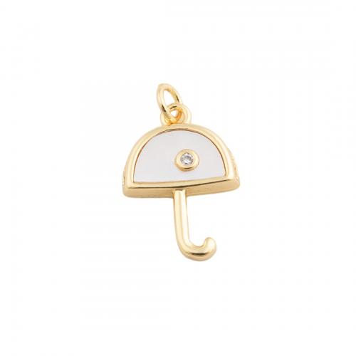 Cubique Pendentif en laiton zircon pavent, avec coquille, parapluie, bijoux de mode & unisexe & pavé de micro zircon, doré, protéger l'environnement, sans nickel, plomb et cadmium, 19.50x13.50mm, Vendu par PC