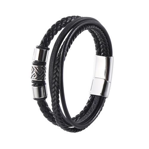 PU Leather Cord Bracelets with 304 Stainless Steel vintage & for man black Sold By PC