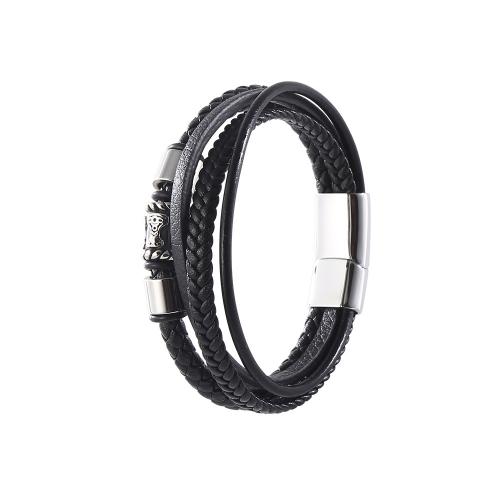 PU Leather Cord Bracelets with 304 Stainless Steel vintage & for man black Sold By PC