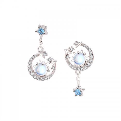 Pendientes de Micro Pavé de Zirconía Cúbica en Plata de Ley, plata de ley 925, con Piedra lunar, chapado, micro arcilla de zirconia cúbica & para mujer, color de platina, 9.05x17.78mm, Vendido por Par