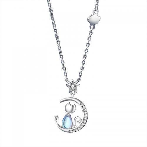 Kubieke Zircon Micro effenen Sterling zilveren ketting, 925 Sterling Zilver, met Maansteen, met 5CM extender keten, plated, micro pave zirconia & voor vrouw, platina kleur, Lengte Ca 40 cm, Verkocht door PC