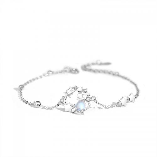 Sterling Sølv Armbånd, 925 Sterling Sølv, med Månesten, med 4CM extender kæde, forgyldt, Micro Pave cubic zirconia & for kvinde, platin farve, Længde Ca. 15.5 cm, Solgt af PC