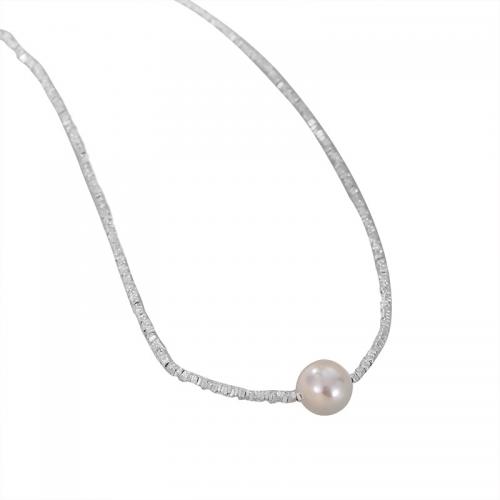 Sterling Silver Κολιέ, 925 Sterling Silver, με Shell Pearl, με 5CM επεκτατικού αλυσίδας, επιχρυσωμένο, για τη γυναίκα, το χρώμα της πλατίνας, Μήκος Περίπου 40 cm, Sold Με PC