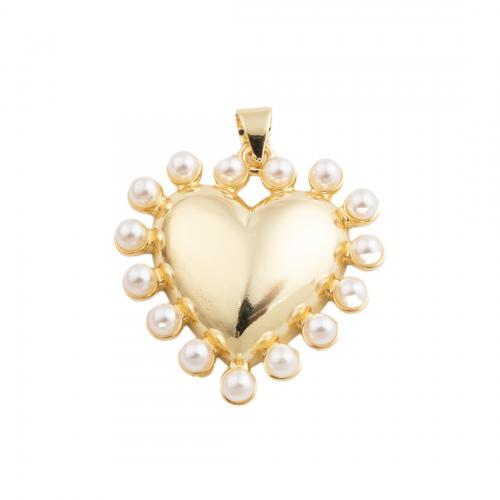 Brass Heart Pendants, with Plastic Pearl, fashion jewelry & Unisex, golden, nickel, lead & cadmium free, 26x25.50mm, Sold By PC