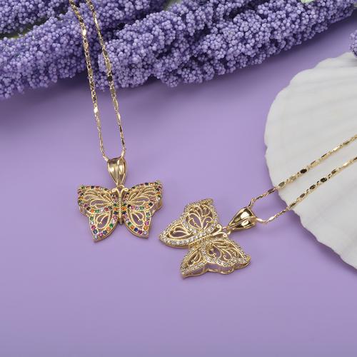 Zircônio cúbico Micro Pave colar de bronze, cobre, Borboleta, cromado de cor dourada, Vario tipos a sua escolha & micro pavimento em zircônia cúbica & para mulher, dourado, níquel, chumbo e cádmio livre, 23x37mm, comprimento Aprox 45 cm, vendido por PC