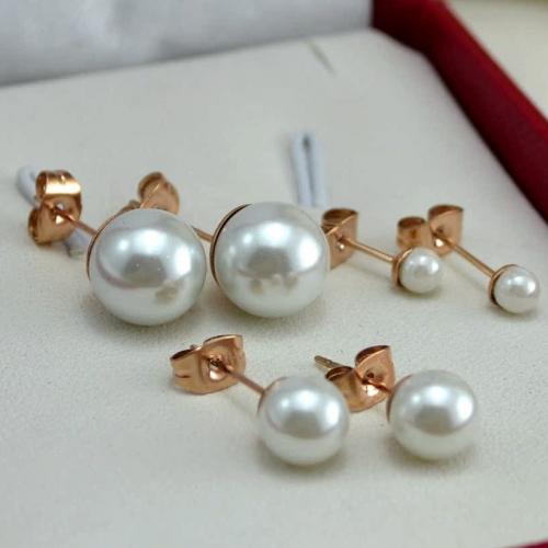 Roestvrij staal Stud Earrings, 316 Roestvrij staal, met Plastic Pearl, 18K rose goud verguld, mode sieraden & verschillende grootte voor keus & voor vrouw, rose goud kleur, Verkocht door PC