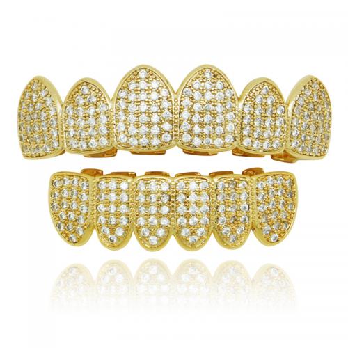 Brass Hip Hop Teeth Grillz 2 pieces & Unisex & micro pave cubic zirconia nickel lead & cadmium free upper teeth 50*13mm inferior teeth 40*11mm Sold By Set