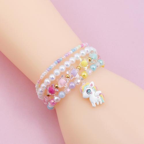 Children Bracelet & Bangle Plastic Unicorn handmade 4 pieces & for children multi-colored Sold By Set