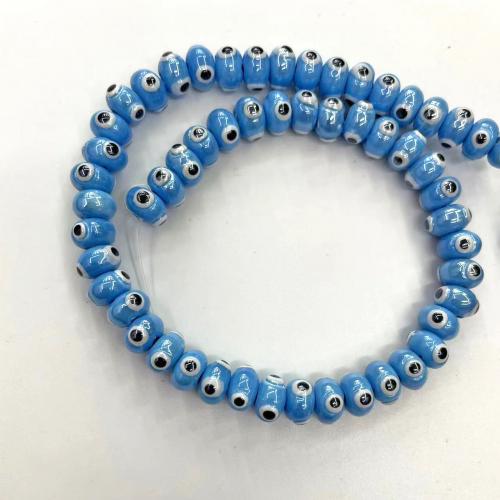 Mode Evil Eye Schmuck Perlen, Porzellan, flache Runde, DIY, blau, 6x9mm, ca. 52PCs/Strang, verkauft von Strang