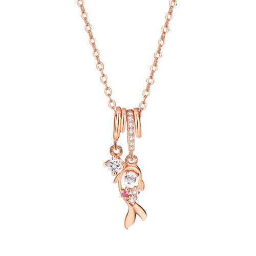 Kubieke Zircon Micro effenen Sterling zilveren ketting, 925 Sterling Zilver, met 5CM extender keten, plated, micro pave zirconia & voor vrouw, rose goud kleur, Lengte Ca 40 cm, Verkocht door PC