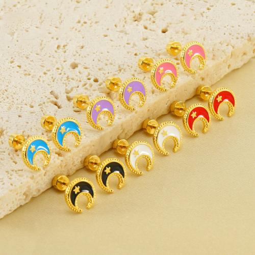 Stainless Steel Stud Earrings 304 Stainless Steel Moon 18K gold plated fashion jewelry & for woman & enamel Sold By Pair