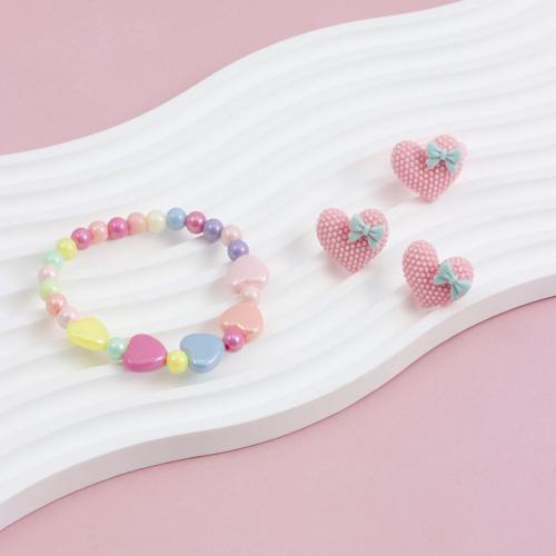 Parures de bijoux, Boucle d’oreille stud & bague, anneau & Bracelet, plastique, coeur, fait à la main, pour les enfants, multicolore, Vendu par fixé