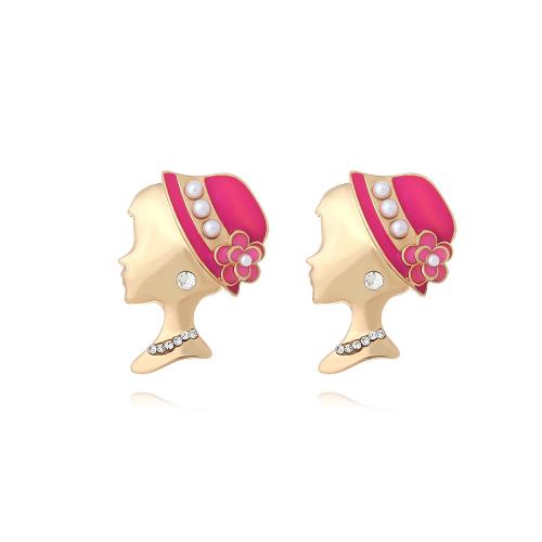 Pendientes de Perno de Aleación de Zinc, con Perlas plásticas, Cara, Joyería & para mujer & esmalte & con diamantes de imitación, más colores para la opción, libre de níquel, plomo & cadmio, 31x25mm, Vendido por Par